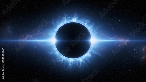 Realistic Black Hole Event Horizon With Blue Plasma Energy In Deep Space Stars Background
