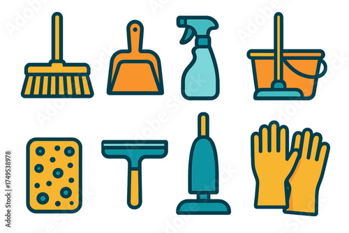 Household cleaning equipment and supplies set featuring broom, mop, bucket, spray bottle, and gloves