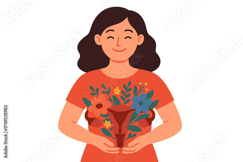 Smiling woman holding a stylized uterus surrounded by colorful flowers symbolizing female reproductive health and wellness