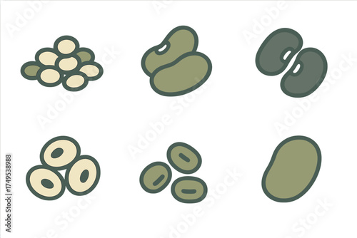 Stylized graphic symbols showing various types of beans and legumes for food and nutrition concepts