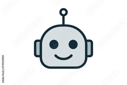 Friendly gray robot head icon featuring a smiling face and antenna representing artificial intelligence