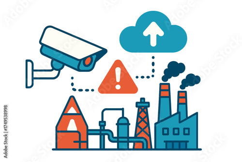Industrial security monitoring system connecting factory operations to cloud data storage with warning sign