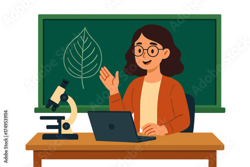 Female educator teaching science lesson online with laptop, microscope, and botanical diagram on chalkboard