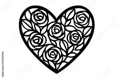Intricate rose pattern heart silhouette black and white floral illustration