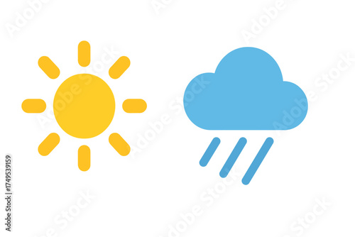 Bright yellow sun and blue rain cloud icons representing contrasting weather conditions