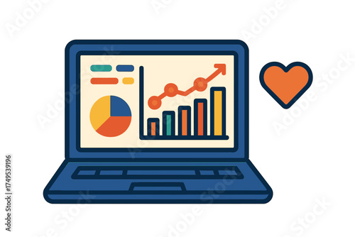 Laptop screen displaying business growth charts and data analysis metrics with a floating heart icon