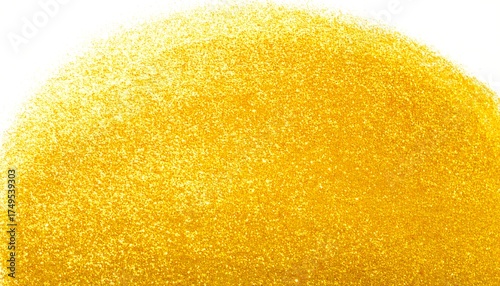 A luminous, granular texture forms a vibrant golden arc, its surface shimmering against a pristine white backdrop. The composition emphasizes texture and color