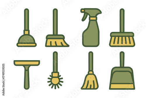 Collection of household cleaning tools and equipment including brooms, plunger, and spray bottle