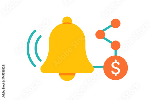 Ringing notification bell connected to a digital financial network structure showing a money alert