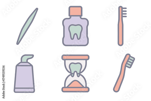 Colorful icons representing professional dental health and personal mouth care routine