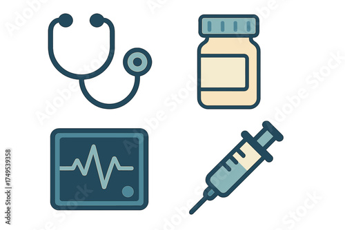 Medical icons set with stethoscope, syringe, medicine bottle, and ECG monitor