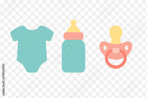 Newborn baby essentials collection featuring bodysuit, milk bottle, and pacifier