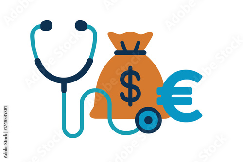 Stethoscope next to money bag with dollar and euro signs symbolizing healthcare finance analysis