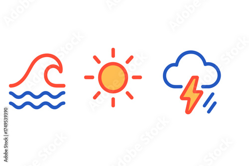 Colorful outlined icons set featuring ocean wave, bright sun, and thunderstorm