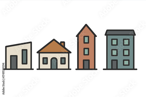 Collection of four stylized residential buildings and houses in a row on white