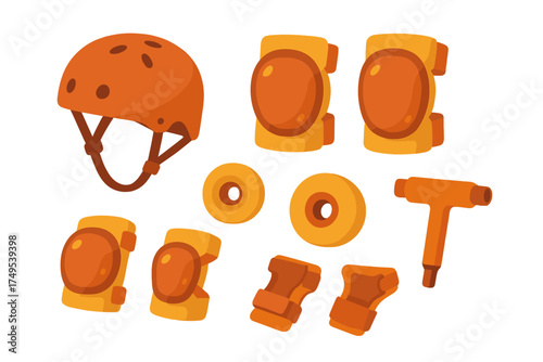 Orange protective gear set for extreme sports safety helmet pads wheels and adjustment tool