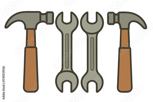 Symmetrical arrangement of construction tools featuring hammers and wrenches on a white background