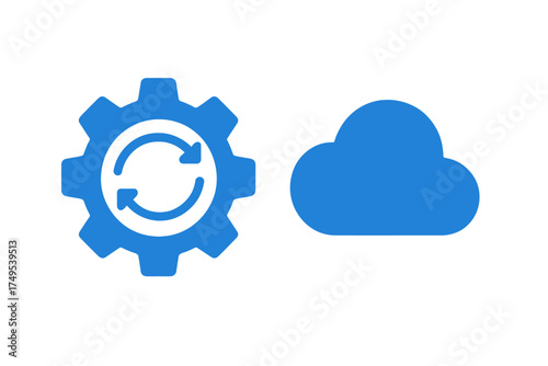Blue gear icon with refresh arrows next to a cloud symbol representing synchronization and data processing