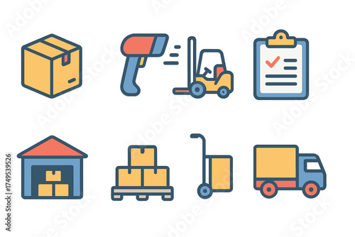 Essential logistics and warehouse symbols featuring delivery truck, forklift, barcode scanner, and shipping box