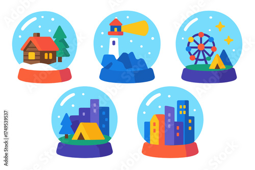 Decorative snow globes set featuring winter scenes of a cabin, lighthouse, and city buildings