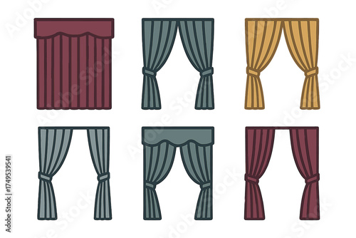 Set of six colorful window treatments including drapes, tied-back curtains, and valances