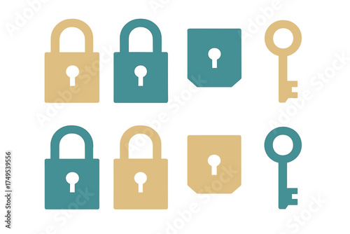 Collection of security symbols featuring padlocks keyholes and access keys