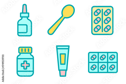 Colorful icons of pharmaceutical products and medical tools for healthcare