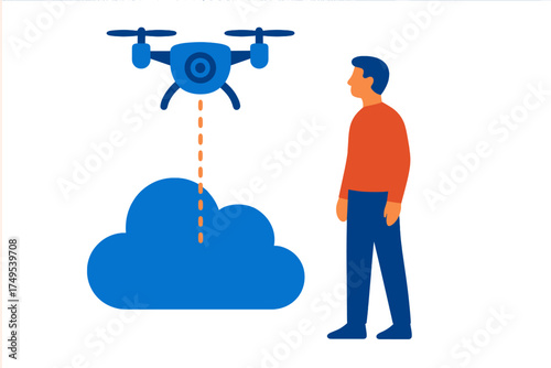 Man observing drone data transfer to cloud storage system for technology applications