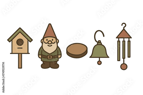 Set of garden decorative elements including birdhouse, gnome, bell, and wind chime