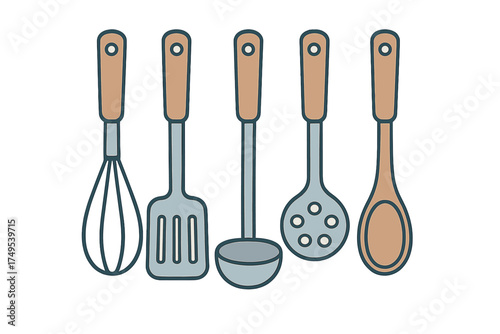 Set of five essential kitchen cooking utensils including whisk spatula ladle and spoons