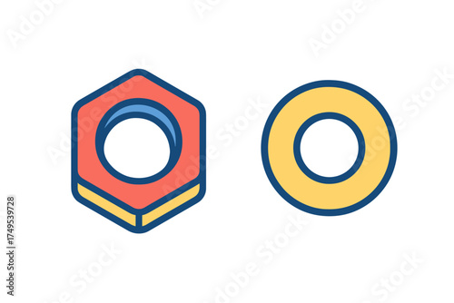Brightly colored hexagonal nut and circular washer mechanical fasteners for construction