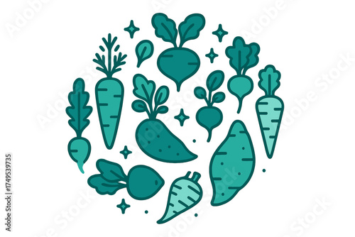 Stylized circular arrangement of root vegetables including carrots, radishes, and sweet potatoes