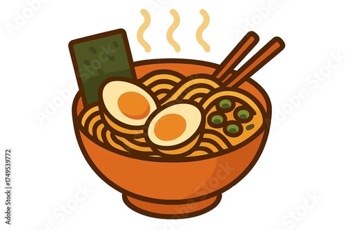 Delicious steaming bowl of Japanese ramen noodles with soft boiled eggs and nori seaweed