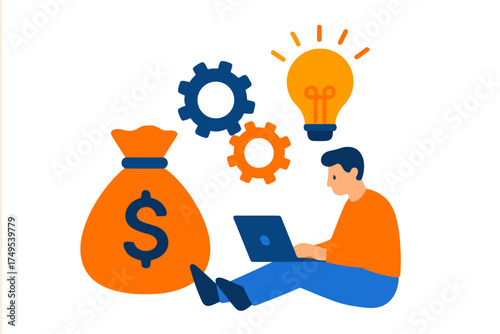 Man working on laptop surrounded by money bag, gears, and lightbulb representing business strategy and financial success