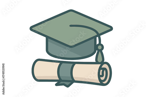 Graduation mortarboard cap and rolled diploma scroll icon design