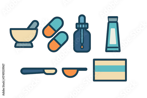 Pharmacy and medical treatment icons featuring mortar pestle capsules dropper tube and measuring spoons
