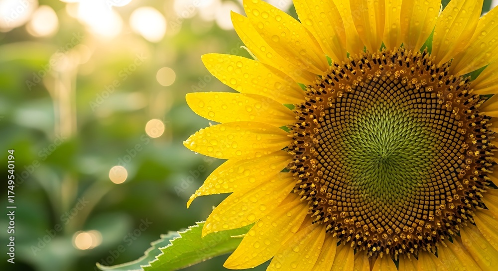 Naklejka premium Close-up Sunflower with Droplets against Blurred Backdrop in Radiant Morning Light
