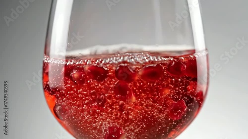 Effervescent Pomegranate Cocktail with Bubbles in a Wine Glass, Bright Red Pomegranate Seeds Sparkling in Refreshing Glass of Bubbly Drink