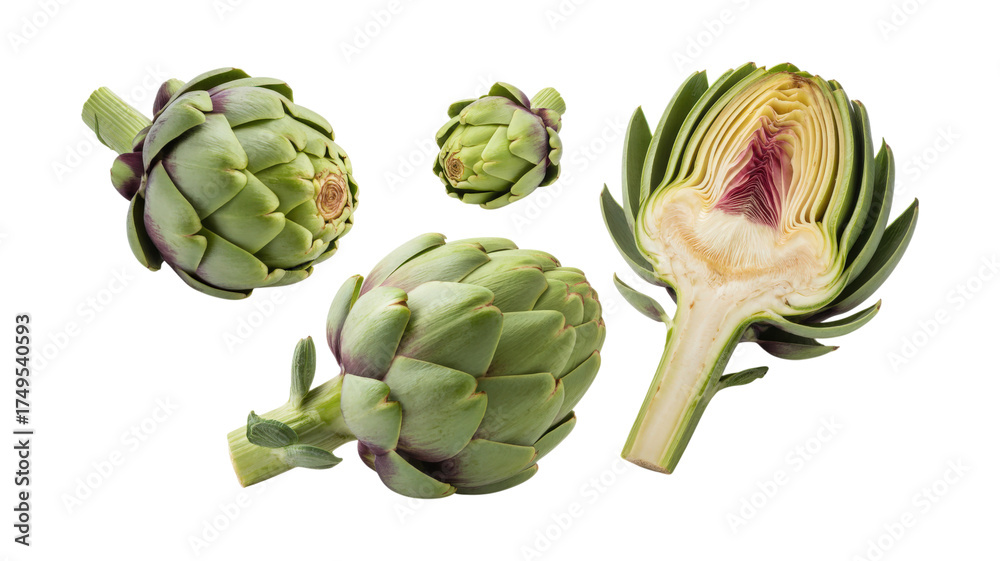 Obraz premium Fresh Artichokes Whole and Halved isolated on a transparent background