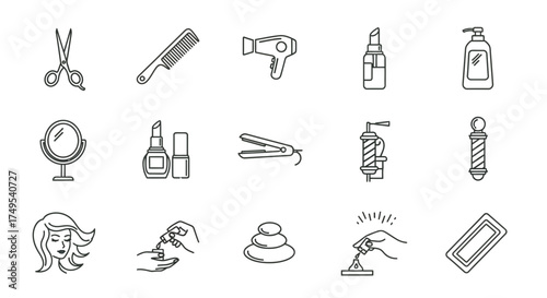 Beauty salon and spa equipment vector icon set line drawing style