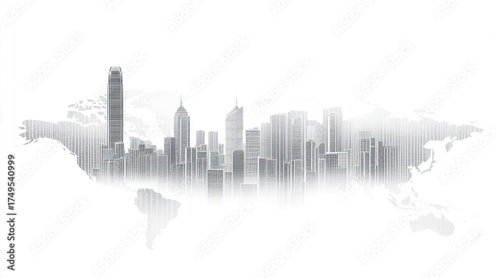 Fototapeta premium Global Cityscape Skyline on World Map