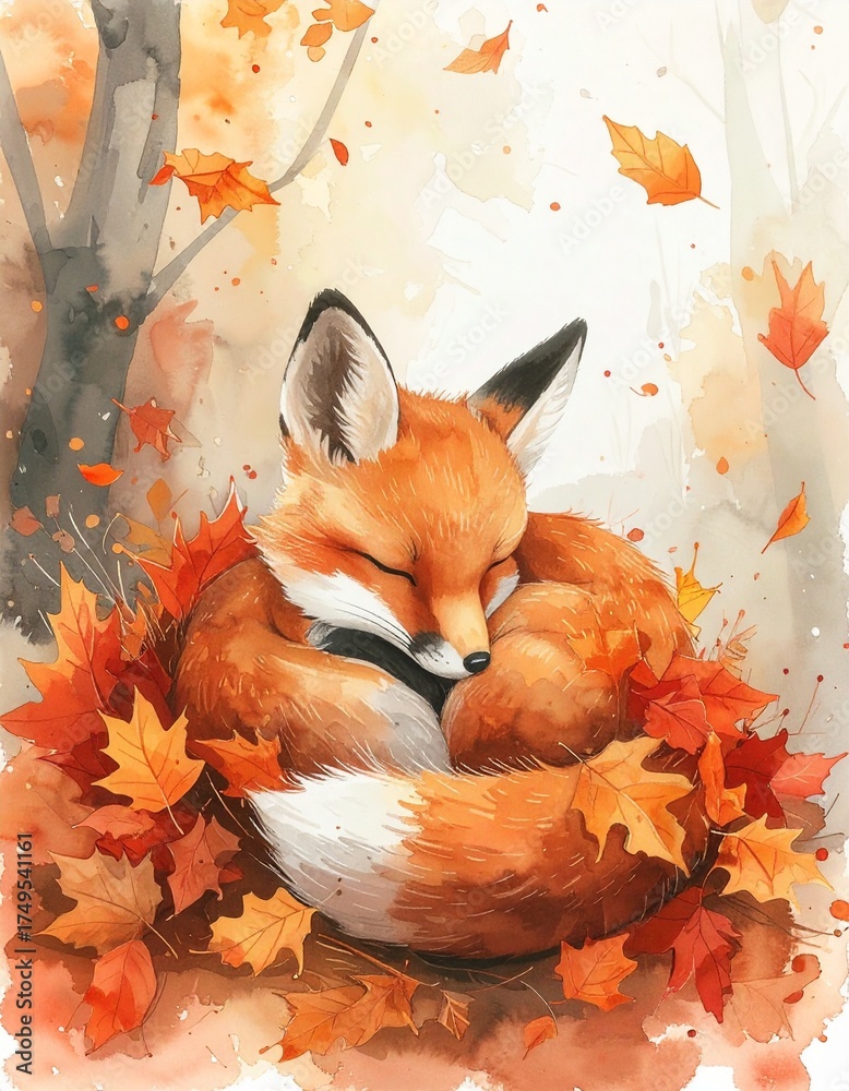 Fototapeta premium Schlafende Füchsin im Herbstlaub