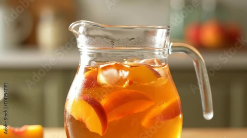 Refreshing Peach Iced Tea in a Glass Pitcher, Homemade Peach Infused Beverage with Ice Cubes