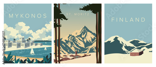 A set of travel posters featuring Mykonos, Finland, and St. Moritz