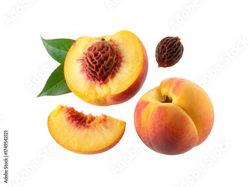 Ripe peaches and pit with leaves isolated on a transparent background