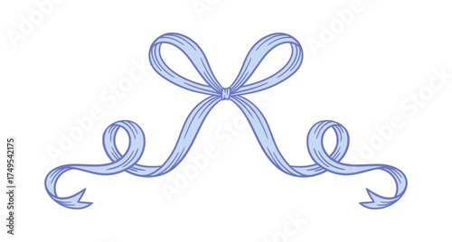Coquette aesthetic blue bow. Line drawing of whimsical ribbon for a baby shower decoration. Wedding, Valentine's, birthday gift. Retro style girly vector illustration. Doodle lace.