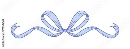 Coquette aesthetic blue bow. Line drawing illustration of cute ribbon for baby shower decoration. Wedding, Valentine's, birthday gift. Retro style girly hairstyle accessories. Doodle lace, vector