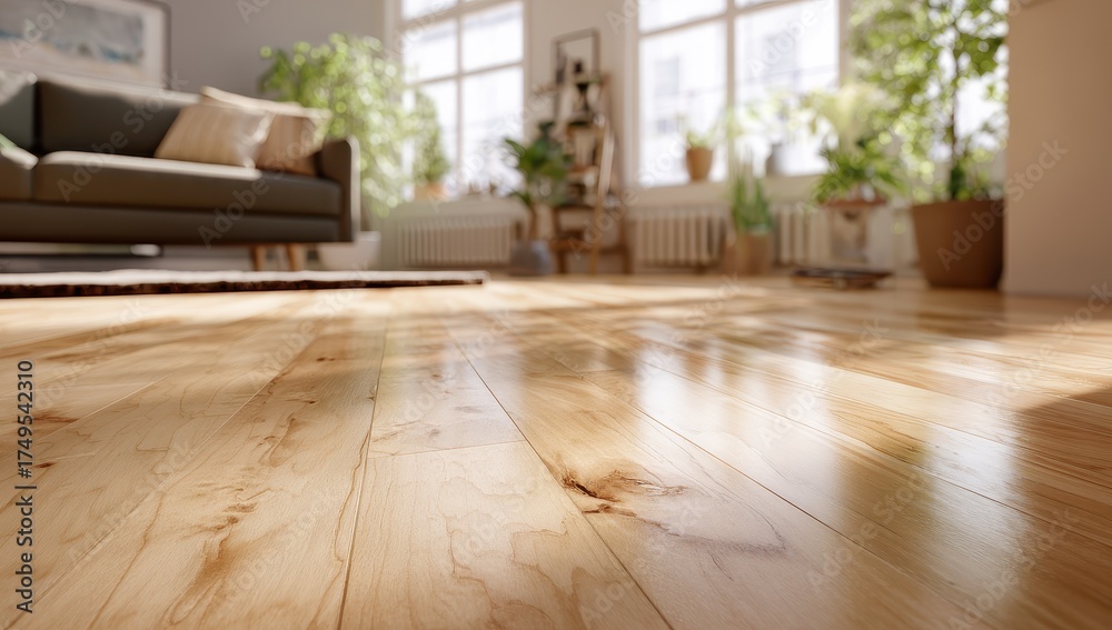 Fototapeta premium Vibrant photo of a sunlit living room with lush green plants and warm wooden flooring