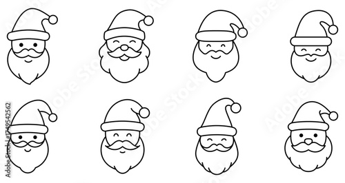 Black Santa Claus faces outlines. Santa Claus icons isolated on white background. Vector illustration.