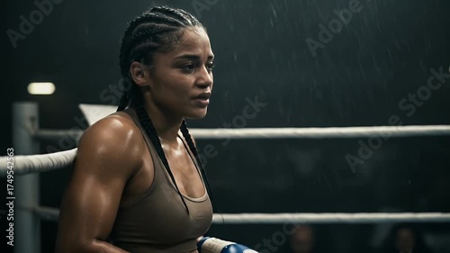 Realistic Female Boxer In Corner After Fight Sweat Rain Dark Lighting